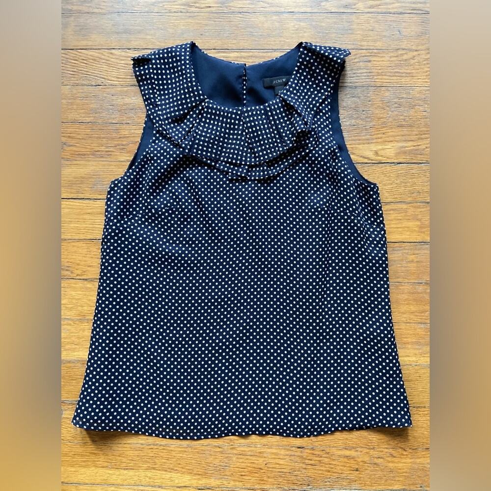 JCREW Navy Blue Polka Dotted Sleeveless Ruffle Collar Silk Blouse sz 0